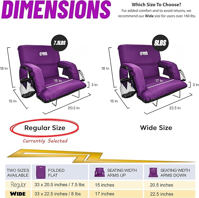 BRAWNTIDE Stadium Seat for Bleachers with Back Support - Wide Padded Reclining Bleacher Seat, Portable Folding Stadium Chair with Armrests, Hooks, Straps, Cup Holders & Pockets for Games & Concerts