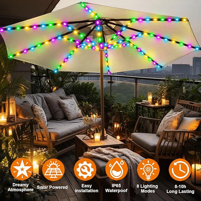 ZNYCYE Patio Umbrella Solar Lights with 8 Modes - Upgraded Larger Solar Panel Clip 5V 152 LEDs 8 Strands Umbrella Lights Outdoor Waterproof for Patio Beach Tent Camping Garden Decor, Multicolor