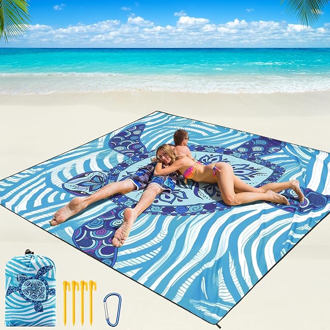 Beach Blanket Waterproof Sandproof Beach Mat 79" X 83"/10'x9'for 2-8 Adults Quick Drying Outdoor Picnic Mat Beach Accessories for Travel, Camping, Hiking