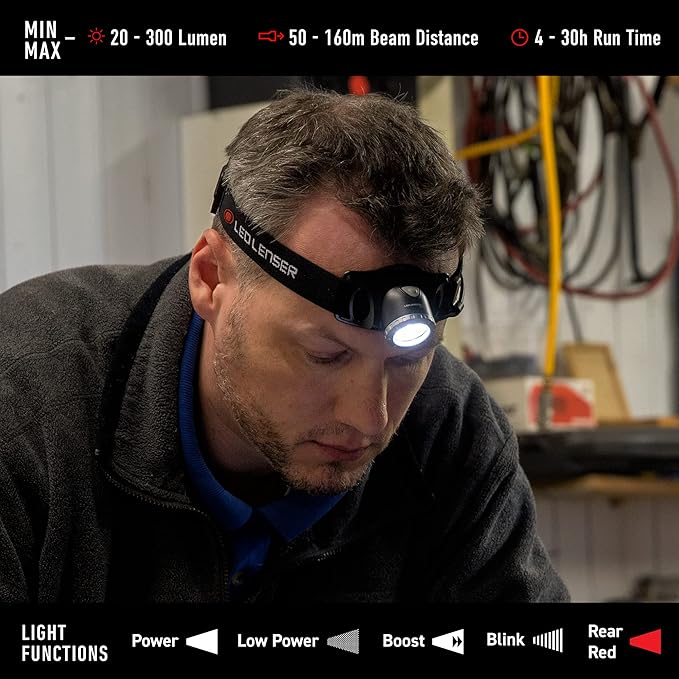 Ledlenser H7R.2 Rechargeable Headlamp - Black - Advanced Focus System & High Power LED Headlamp - Dual Power Source & Head Light LED - 300 Lumens Tactical Helmet Light