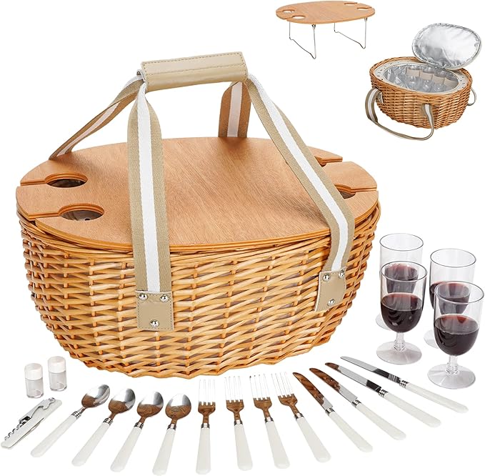 STBoo Picnic Basket for 4, Insulated Wicker Hamper with Folding Table, Willow Picnic Baskets Set with Large Insulated Cooler Bag for Camping Outdoor(Beige)