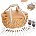 STBoo Picnic Basket for 4, Insulated Wicker Hamper with Folding Table, Willow Picnic Baskets Set with Large Insulated Cooler Bag for Camping Outdoor(Beige)