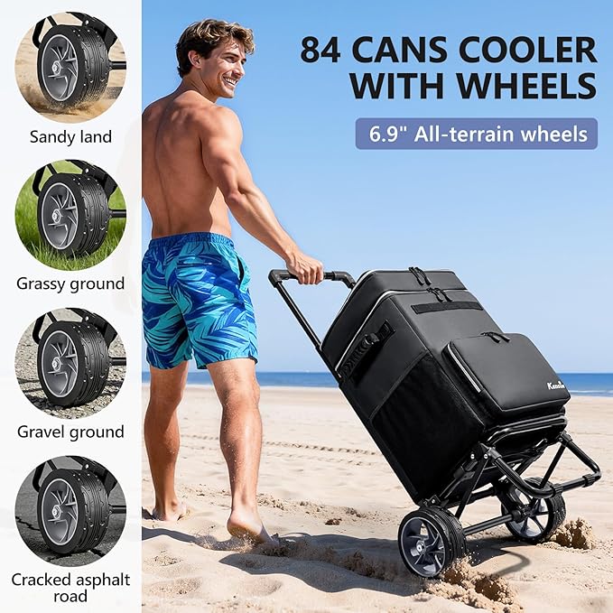 KEDSUM 84-Can Large Cooler with Wheels, 100% Leakproof Wheeled Cooler with 7" Big Wheels & Widen Wheel Track, Backpack Coolers Ideal for Beach, Camping, Fishing & Travel, Telescoping Handle