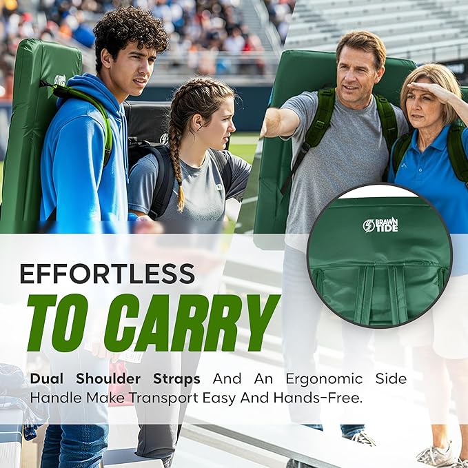 BRAWNTIDE Stadium Seat for Bleachers with Back Support - Wide Padded Reclining Bleacher Seat, Portable Folding Stadium Chair with Armrests, Hooks, Straps, Cup Holders & Pockets for Games & Concerts
