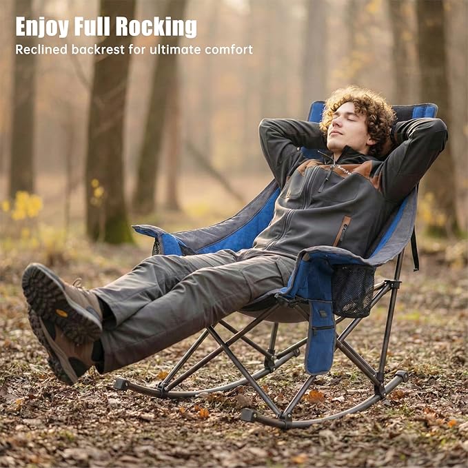 SUNNYFEEL Heated Rocking Camping Chair 2 Pack Fully Padded Patio Folding Chair Portable Oversized Outdoor Rocker High Back Lawn Recliner with Side Pocket Camp Rocker Chairs for Adults 500 LBS Blue