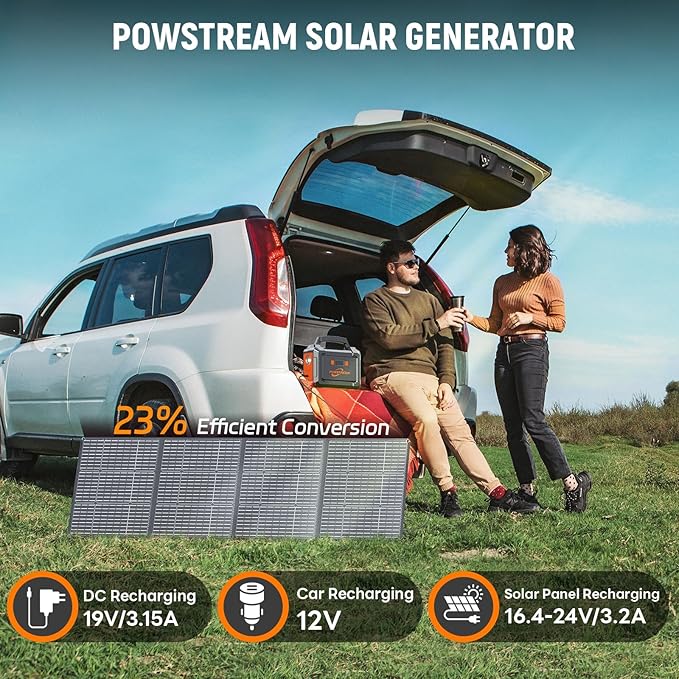 POWSTREAM 296Wh Portable Power Station with Solar Panel 60W Kit Solar Generator with Panels Included AC Outlet 300W Pure Sine Wave Solar Power Bank for Camping Home Power Outage Hunting Outdoor RV Van