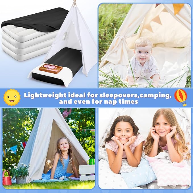 Windyun 4 Sets Kids Air Mattress Bulk with Fitted Sheet,Toddler Inflatable Bed 63 x 27 x 8 Inches Blow up Airbed Camping Sleeping Pad for Aged 3-10 Years Old Birthdays Slumber Sleepover Party (Black)