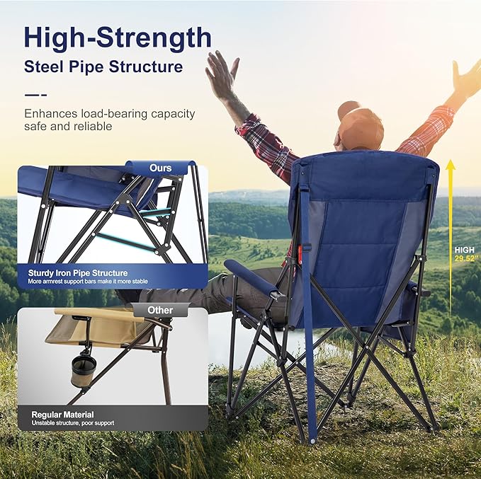LET'S CAMP Oversized Camping Chairs 29.52" High Back Heavy Duty Lawn Chair Support 500LBS, Portable Collapsible Chair with Cup Holder, Side Pocket(Blue)