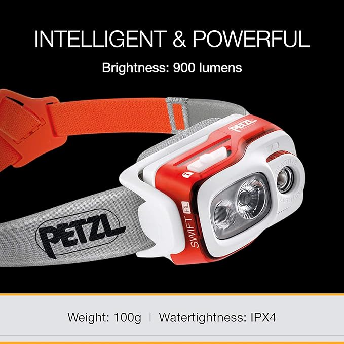 PETZL, Swift Rl Lamp Orange, Compact, Very Powerful and Rechargeable headlamp Featuring Reactive Lighting® Technology. 900 lumens.