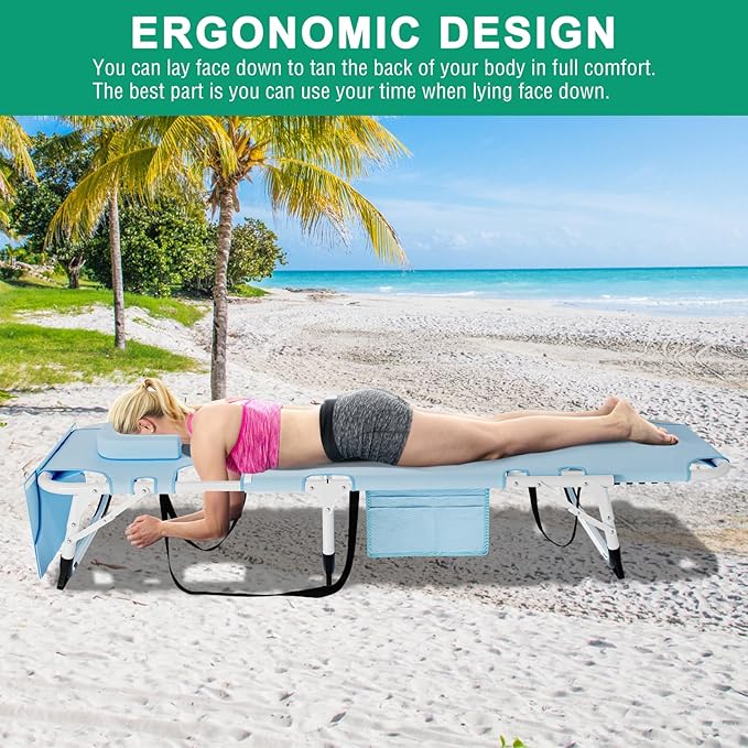 DoCred Folding Lounge Chair with Mattress, 5 Position Adjustable Folding Sleeping Bed Cot Chaise Lounge Chairs Perfect for Sunbathing, Camping, Pool, Beach, Patio