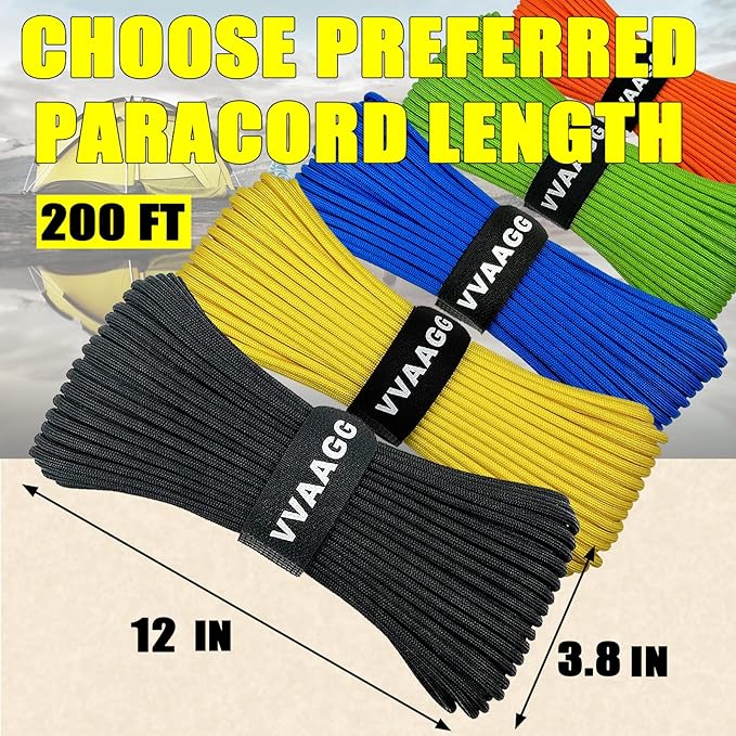 VVAAGG 1000 Paracord Rope 200FT Utility Parachute Cord 4mm 12 Strand Nylon Rope for Camping, Tent, Clothsline, Outdoor Hiking, Fishing (Black, 200FT)