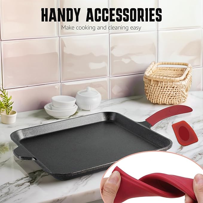 Cast Iron Square Griddle Pan 11 Inch - Pre-Seasoned Pan with Heat-Resistant Handle and Scraper for Stove Top, Campfire, Indoor, Outdoor Cooking, Oven-Safe Durable Cookware.