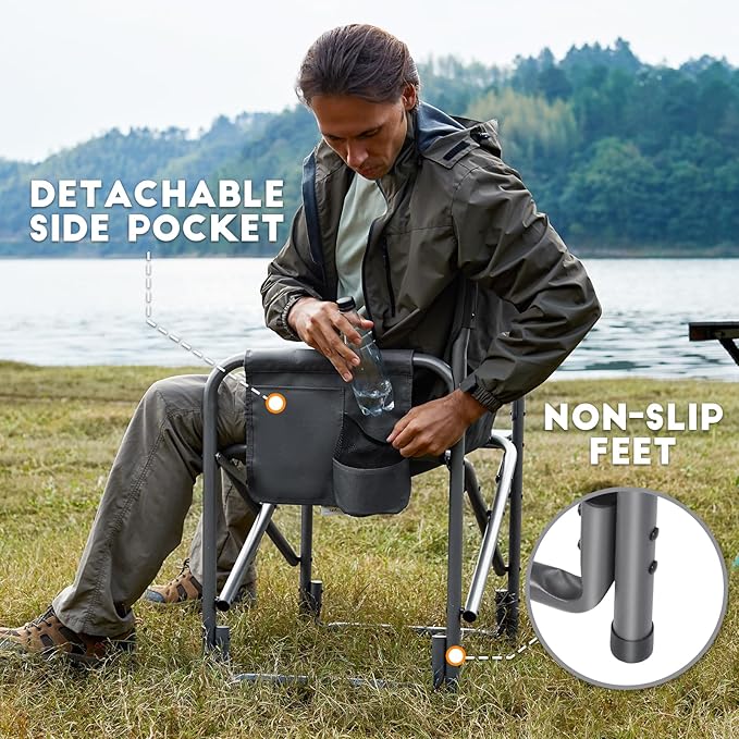 TIMBER RIDGE Lightweight Oversized Camping Chair, Aluminum Directors Chair with Side Table for Outdoor Camping, Lawn, Picnic and Fishing, Supports 400lbs, Gray 2PCS