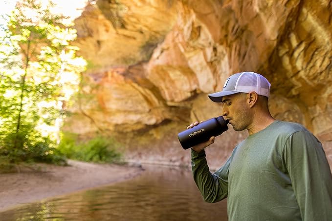 LifeStraw Go Series — Insulated Stainless Steel Water Filter Bottle for Travel and Everyday Use Removes Bacteria, Parasites and Microplastics, Improves Taste, 24oz Nordic Noir