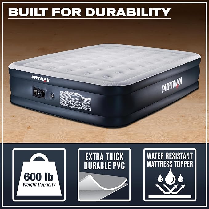 Pittman - Air Mattress Queen with Built in Pump - 18" Queen Air Mattress - Comfort Series Self Inflates & Deflates Fast - Easily Folds Away - Treat Your Guests to a Luxury Air Bed