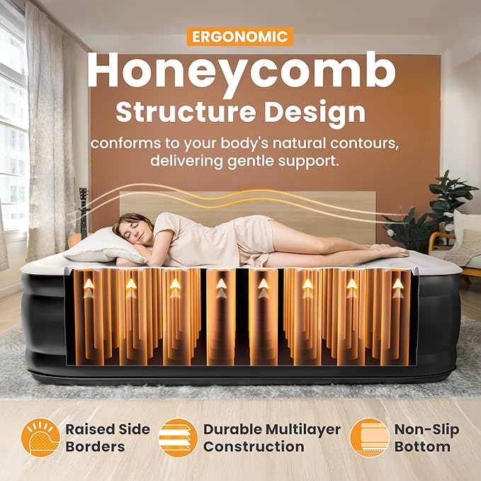 Twin Air Mattress with Built-in Pump, 18” Raised Blow Up Mattress - 500 lbs Max Honeycomb Design, 3-Min Inflation, Waterproof Velvety Top, Ideal for Home, Guests & Camping, Colchon Inflable