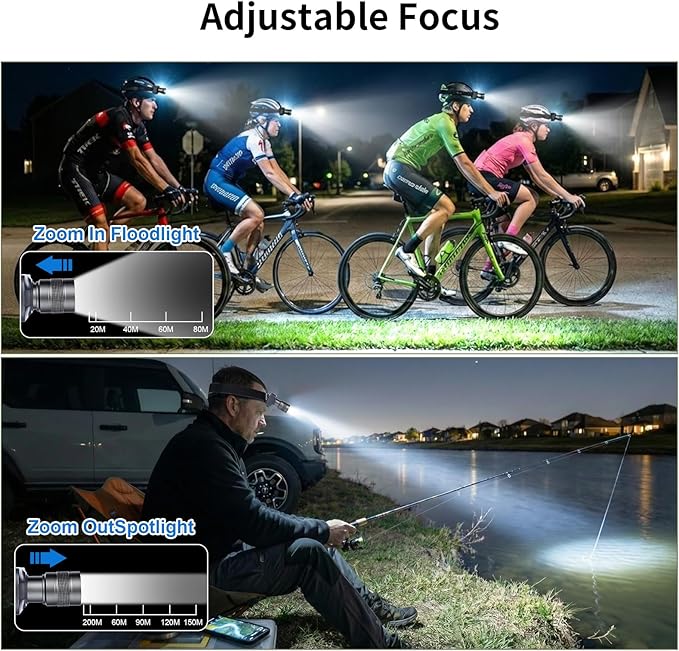 KunHe 40PACK 333LM Aluminum Alloy Headlamp 1800mAh Rechargeable with Zoomable 150M Long Beam IP65 Waterproof 3 Modes High Low Strobe for Outdoor Camping Construction Work Emergency