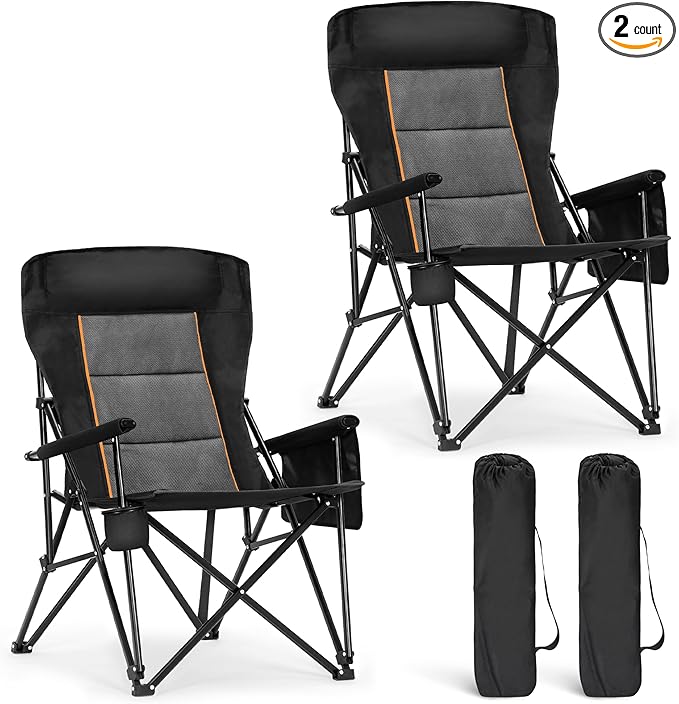 ALPHA CAMP Heavy Duty High Back Camping Chairs with Cup Holder Oversized Folding Chair Outdoor Chair with Headrest,Lawn with Side Pocket for Lawn, Sports and Fishing, 500lbs