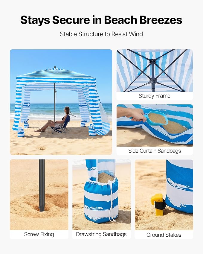 VEVOR Beach Cabana, 6 x 6 ft Beach Canopy with Side Wall, UPF 50+ Protection Easy Setup Cabana Tent with Sand Pockets, Portable Shade Sun Shelter Umbrella for Whole Family & Friends, Blue Stripes