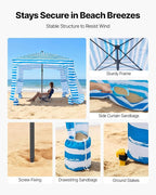 VEVOR Beach Cabana, 6 x 6 ft Beach Canopy with Side Wall, UPF 50+ Protection Easy Setup Cabana Tent with Sand Pockets, Portable Shade Sun Shelter Umbrella for Whole Family & Friends, Blue Stripes