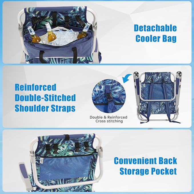SUNNYFEEL Beach Chairs for Adults 2 Pack 5 Position Lay Flat, Portable Folding Backpack Beach Chair Heavy Duty with Cooler Bag, Cup Holder for Outdoor/Lawn/Picnic/Sand, Foldable Camping Chair