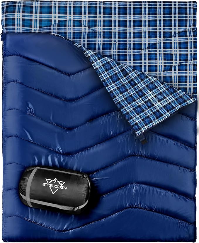 XL Queen Size 2 Person Double Sleeping Bag for Adults, Lightweight Compact with Flannel Liner & Thermolock Draft Tube, Machine Washable All Season Camping Travel