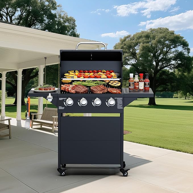 4-Burner Propane Gas BBQ Grill, 40,000 BTU Output Stainless Steel Gas Barbecue Grill with Side Tables & Wheels for Backyard,Camping and Outdoor Cooking (Black)