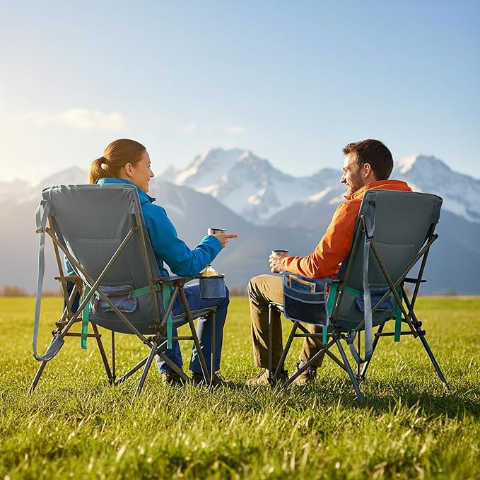 TIMBER RIDGE Oversized Camping Chair with Lumbar Support, Portable Folding Chair Heavy Duty for Adults Supports 450 LBS for Outdoor Camping, Lawn, with High Back, Cup Holder, Side Pocket - Blue, 2Pack
