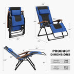 PURPLE LEAF Oversized Outdoor Reclining Chair Patio Zero Gravity Chaise Lounge Folding Chair with Quilted Cushion Adjustable Headrest for Lawn Camping Beach Pool Navy Blue and Black