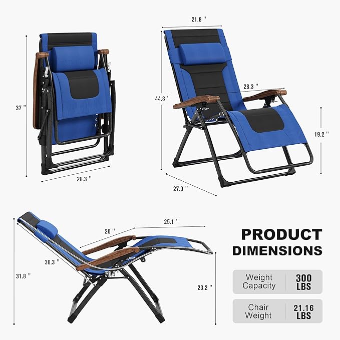 PURPLE LEAF Oversized Outdoor Reclining Chair Set of 2 Patio Zero Gravity Chaise Lounge Folding Chair with Quilted Cushion Adjustable Headrest for Lawn Camping Beach Pool Navy Blue and Black