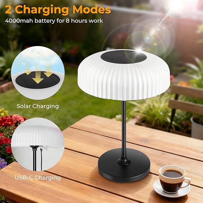 2 Color Table Touch Lamp, Versatile Solar and USB-C Rechargeable Desk Lamp with IP65 Waterproof Design, Indoor/Outdoor Ligh Perfect for the Patio, Garden, Camping, Bathroom, and Bedside Use.