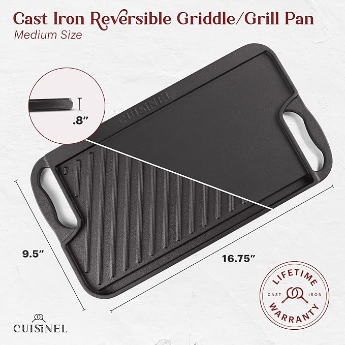 Cuisinel Cast Iron Griddle/Grill + Burger Press + Pan Scrapers - Reversible Pre-Seasoned 16.75" X 9.5"-inch Dual Handle Flat Skillet and Griller Pan + Cleaning Accessories - Indoor/Outdoor Stove Safe