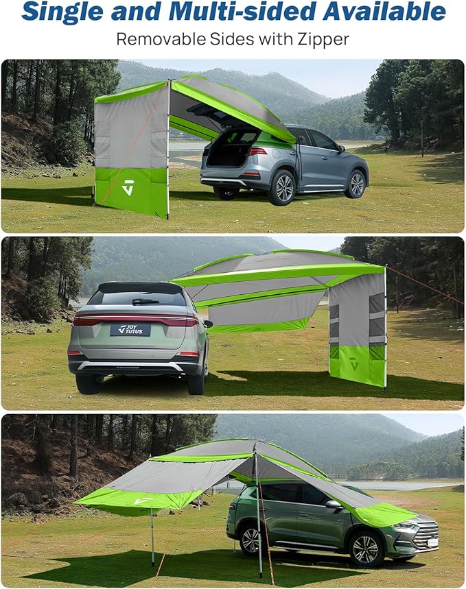 JOYTUTUS Versatile Vehicle Awning with 3 Removable Sides, Large Car Awning 11.5FT * 7.9FT, UV50+ and Waterproof PU2000mm Truck Canopy, SUV Camping Sunshade with 8 Storage Pockets,Gray Green