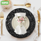 DYRABREST 150 Pcs 13 Inch Charger Plates, Bulk PP Wedding Chargers with Floral Reef Design Decorative Round Ruffled Rim Dinner Plates for Wedding Party Event Table Setting Decoration