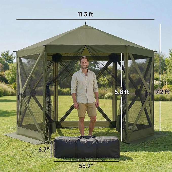 Outsunny 10 x 11 ft Pop Up Gazebo Screen Tent, Outdoor Portable Instant Camping Canopy Screen House Sun Shelter with Mesh Nettings, Carry Bag, Ground Stakes, Ropes for Patio, Backyard, Dark Green