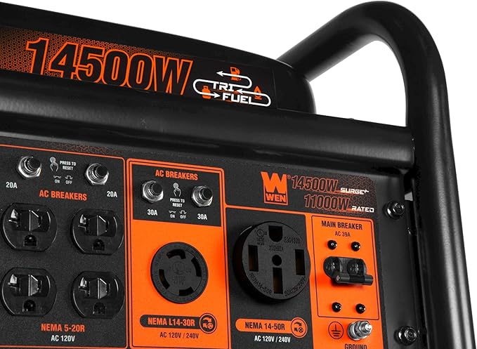 WEN 14500-Watt 120V/240V Tri-Fuel Generator, Transfer-Switch Ready with Electric Start and Wheel Kit (TF1450)