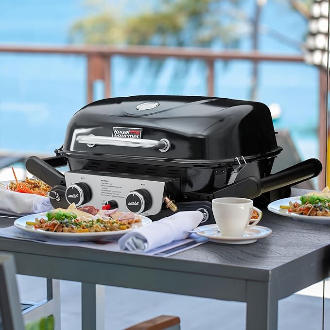 Royal Gourmet GT2005 2 Burner Portable Propane Gas Grill with Foldable Side Tables & Foldable Support Legs, Tabletop Gas Grill with Warming Rack for Outdoor Cooking & Grilling, Black
