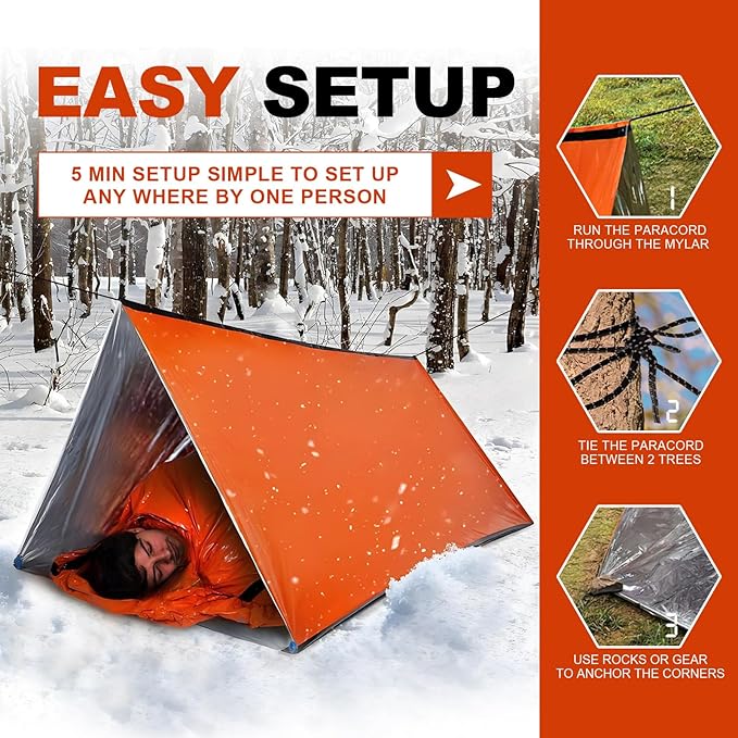 1-Pack Survival Life Tent - 1Person Mylar Shelter, Tube Tent with Paracord, All-Weather for Camping, Hiking, Survival Kits-Yellow