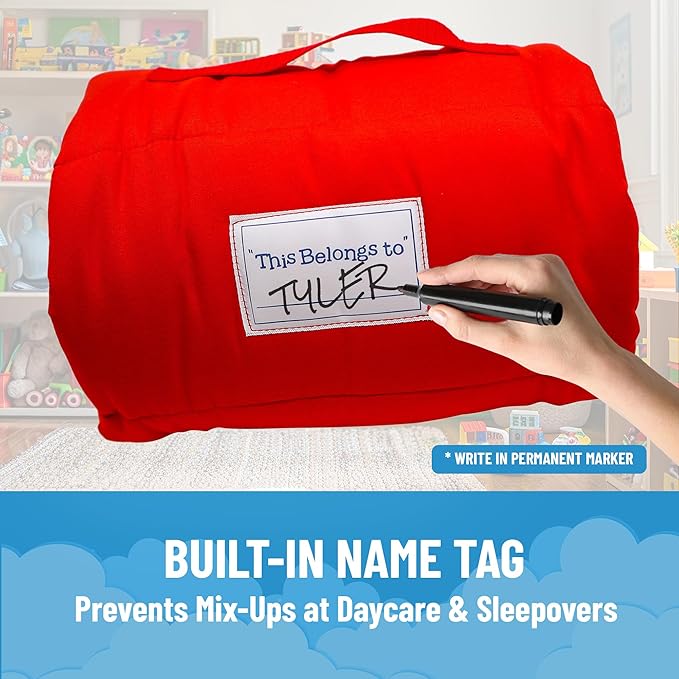Jay Franco Kids Nap Mat with Embedded Pillow & Blanket – Soft 46"x20" Microfiber Sleeping Bag with Name Tag & Handle for School, Travel, Sleepover