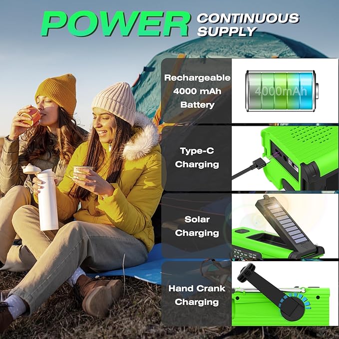 Radios for Emergency, Multifunction Solar Charger Hand Crank NOAA Weather AM/FM Radio 4000mAh with USB Charged, Reading Lamp, Flashlight, SOS Alarm, Headphone Jack for Camping Emergencies