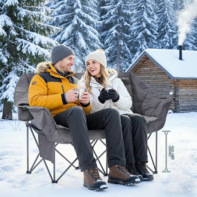 Oversized Double Camping Chair for Adults - Heavy Duty Folding Loveseat Support 700 lbs, Extra Wide 2 Person Camping Couch with Thick Padding, Cup Holders & Storage Bag, Grey