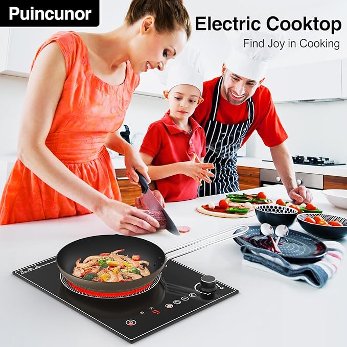 1800W Portable Electric Cooktop – Features touch & knob controls with 10 heat levels, child lock, and timer. 110V for home, camping, and apartments.