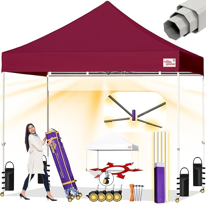 Tradesparker 10x10 Pop Up Canopy Tent,Commercial Movable Canopy with ApexCore LED&Rugged Casters-Instant Easy Setup Shelter Canopies with Weight Bags&Stakes for Outdoor Events Markets,Burgundy
