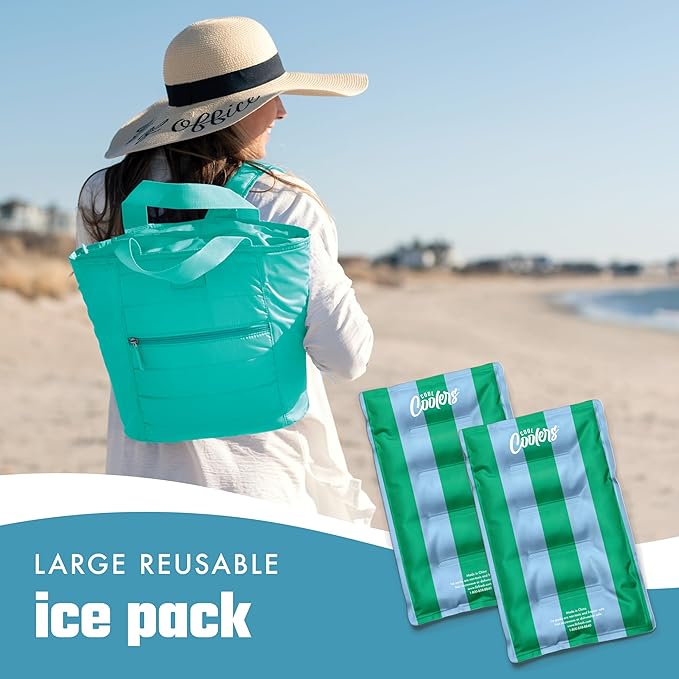 Cool Coolers Reusable XL Soft Ice Packs for Coolers, Long-Lasting Lunch Box Ice Pack, High Performance Quick Freeze, 2Pk, Blue & Green Stripe