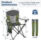 Outdoor Camping Chair 2-Pack with Mesh Back, Folding Portable Lawn Chairs with Cup Holder & Side Storage Pocket for Camping, Beach, Picnic, Fishing(Green)
