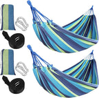 Windyun 2 Sets Cotton Canvas Hammock Large Double Hammock 400lbs Portable Camping Hammocks for Outside with Carrying Bag Sturdy Metal Knot Ropes and Tree Straps for Travel Patio Garden Backyard (Blue)