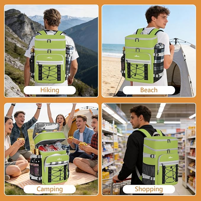 Cooler Backpack, 40 Cans Insulated Lunch Backpack Picnic Backpack for Men&Women, Durable Cooler Bag with 2 Leak Proof Compartments for Picnic, BBQ Camping, Lunch, Beach, Hiking, Green