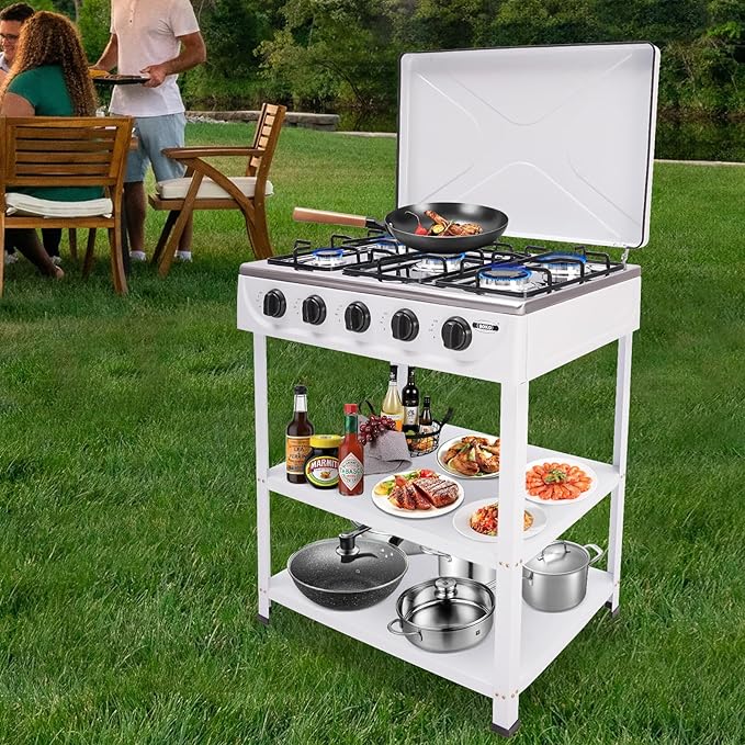 Gas Stove 5 Burner, Portable Natural Gas Stove Outdoor Camping BBQ Stove Gas Cooker with 2 Tier Storage Rack, for RV, Apartment, Outdoor Cooking (White, 5-Burner)