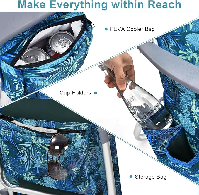 GYMAX Beach Chairs, Backpack Camping Chair with Armrest, Cooler Bag, Cup Holder, Towel Bar & Side Pockets, Sunbath Sling Tanning Lounge, Folding Layout Chair (with Table, Blue Leaves)