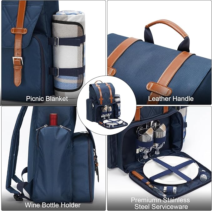 Picnic Backpack for 2 Person with Large Insulated Cooler Bag, Picnic Basket Set with Wine Pouch, Waterproof Picnic Blanket & Cutlery Set. Perfect for, Camping, Party,Wedding Gift for Couple,Blue